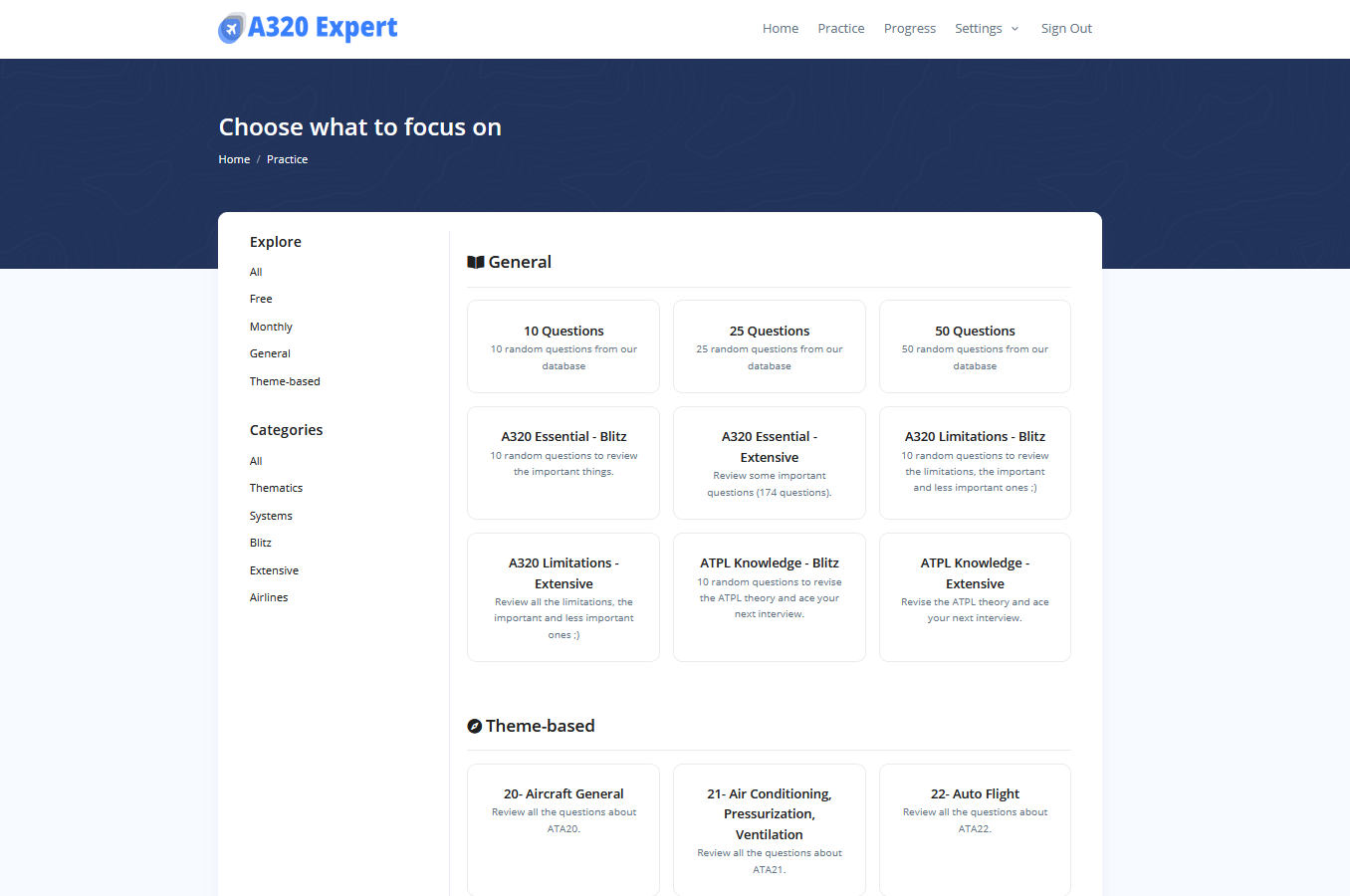 A lot of quiz categories for A320